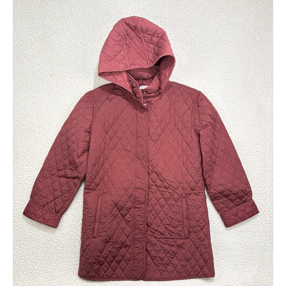 Garnet‎ Hill Quilted Jacket Coat Burgundy Hooded Full Zip Long Pockets Size 10